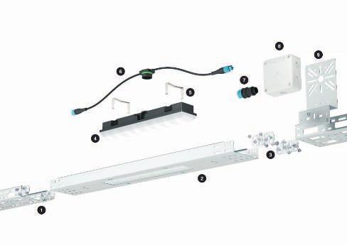 Installációs elv: ábeltartó rendszer integrált LED-Modul-lal endszerelemek 1 AZ-szerelőcsatorna 2 AZ csatorna-led adapter 3 Hosszanti és sarokösszekötő 4 LED-Modul 5