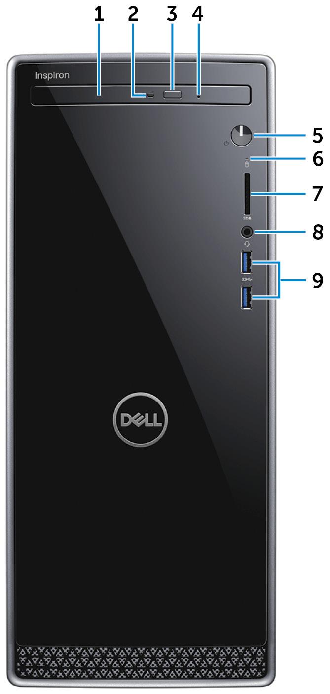 Az Inspiron 3670 különböző nézetei 3 Elöl 1 Optikai meghajtó CD és DVD olvasására, illetve írására szolgál.