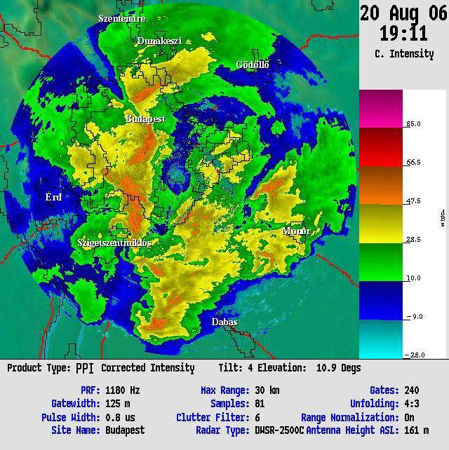 Radar mérés Az OMSZ időjárási radarhálózat Budapesti DWSR 2500C radarja által mért 30