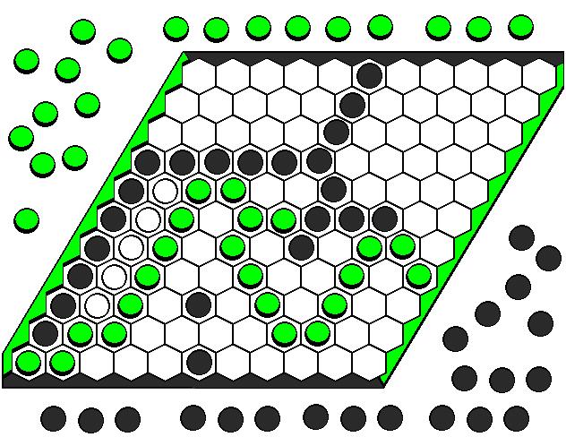 HEX ( kezdők: 7x7-en, gyakorlottak: 11x11-en ) Az induláskor üres táblára felváltva egy-egy bábuját rakosgatja sötét és világos, abban versenyezve, hogy társát megelőzve, a saját bábuival kösse össze