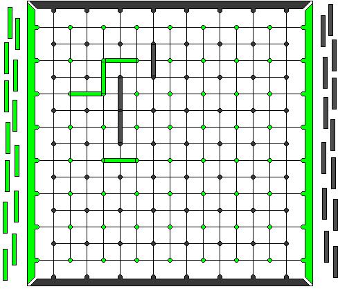 BRIDGES ( a hídépítős, lásd előtte: Hex ) A kezdéskor üres táblára sötét és világos váltakozva egy-egy pálcika alakú bábut rak le úgy, hogy egy lépésben két (egymás melletti) saját színű pöttyöt köt