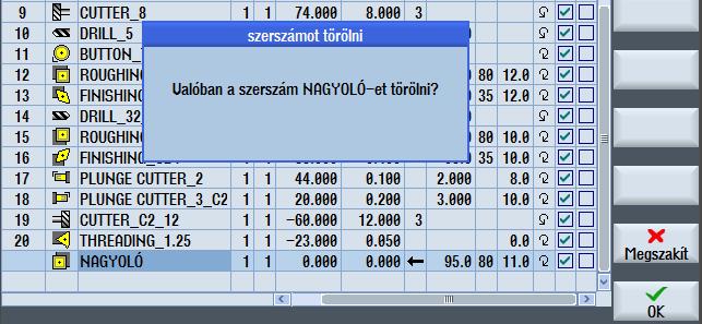 szerszámnév Külső hűtés Testvérszerszám Szerszámrádiusz Forgásértelem (M3) Élek száma Megmunkálás iránya Főél elhelyezkedési szög (Kr) A létrehozott