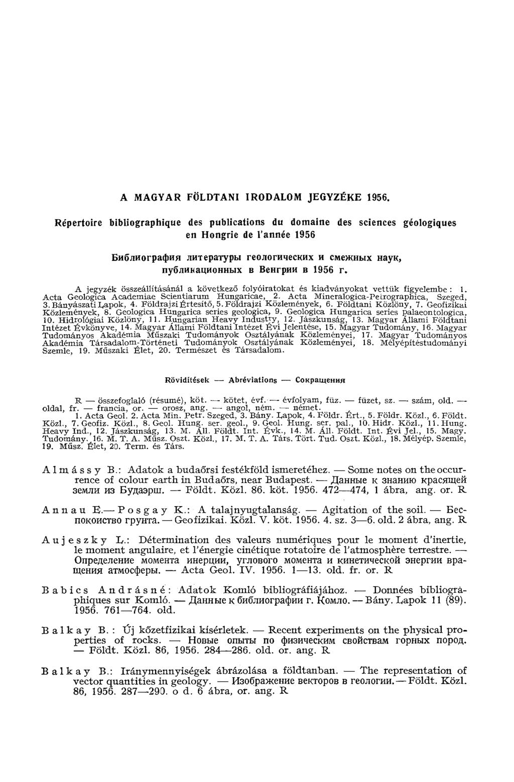 A MAGYAR FÖLDTANI IRODALOM JEGYZÉKE 1956.