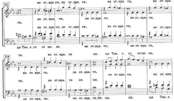 Vannak Vedelnek kóruskoncertjei, melyekben többször előfordul az imitációs szerkesztés. Ilyen például a 4. koncert, amelyet később részletesen ismertetek, a 6. koncert, amelyben a 7.