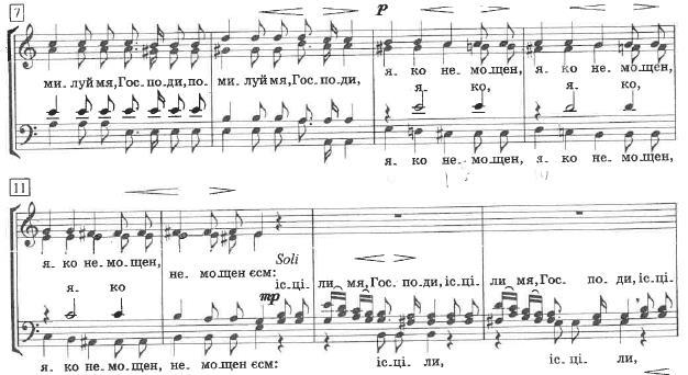 Végh Mónika: A 18. századi orosz kóruskoncert M. Sz. Berezovszkij, D. Sz. Bortnyanszkij és A. L. Vedel művészetében 48. kottapélda: Vedel: 6. koncert (9-12.