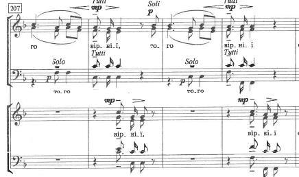 Végezetül bemutatok egy összetettebb részletet a középső tételből. (60. kottapélda) 60. kottapélda: Vedel: 9. koncert 204-210.