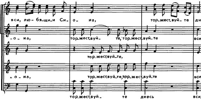 koncert első tétele különleges színt képvisel: ebben az állandó négy szólam mellett még két szoprán szólam szerepel, koncertálva a többivel. (10. kottapélda) 10. kottapélda: Bortnyanszkij 2.