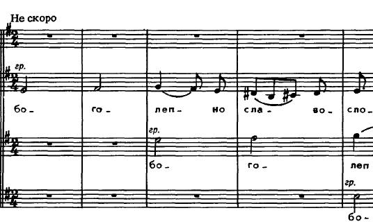 Bortnyanszkij kóruskoncertjei A mozgalmas, élénk tempójú, ujjongó kezdés tutti, de a szólampárok basszusszoprán kitartott hangja, tenor-alt szextpárhuzama jól megfigyelhetők.