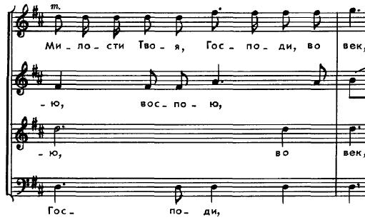 koncert Милости Твоя, Господи, во век воспою 26 A bensőségesebb szöveget halk, repetitív indítással, fokozatosan kiépülő szólamok segítségével jeleníti meg a komponista.