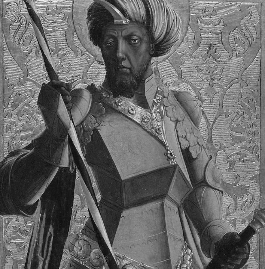 SZENT MÓRIC, A FEKETE KATONA KULTUSZA A NÉMET-RÓMAI BIRODALOMBAN 5. kép. Szent Móric Marx Reichlich táblaképén (részlet) (Nem csoda, ha Luther Márton tüzet okádott a hallei bálvány ellen.