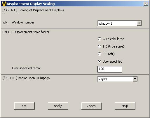 A deformáció nagyítását (scale factor) átállíthatjuk: Utility Menu -> PlotCtrls -> Style -> Displacement Scaling A felugró ablakban a DMULT mezőben válasszuk