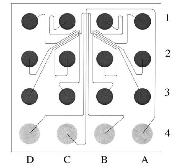 370 44. ábra A mikrocsatorna mintázata a planáris LabChip-nél [18] A csip működését a 4. ábra áttekintésekor könnyen megérthetjük.