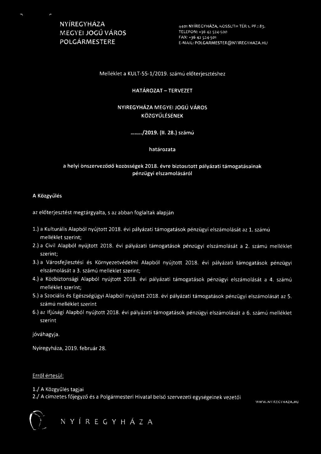 évre biztosított pályázati támogatásainak pénzügyi elszámolásáról A az előterjesztést megtárgyalta, s az abban foglaltak alapján 1.) a Kulturális Alapból nyújtott 218.