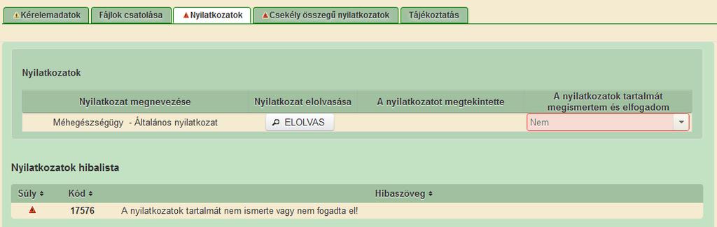 Nyilatkozatok fül A Nyilatkozatok fülön a kérelem benyújtásával kapcsolatos általános nyilatkozatok szerepelnek.