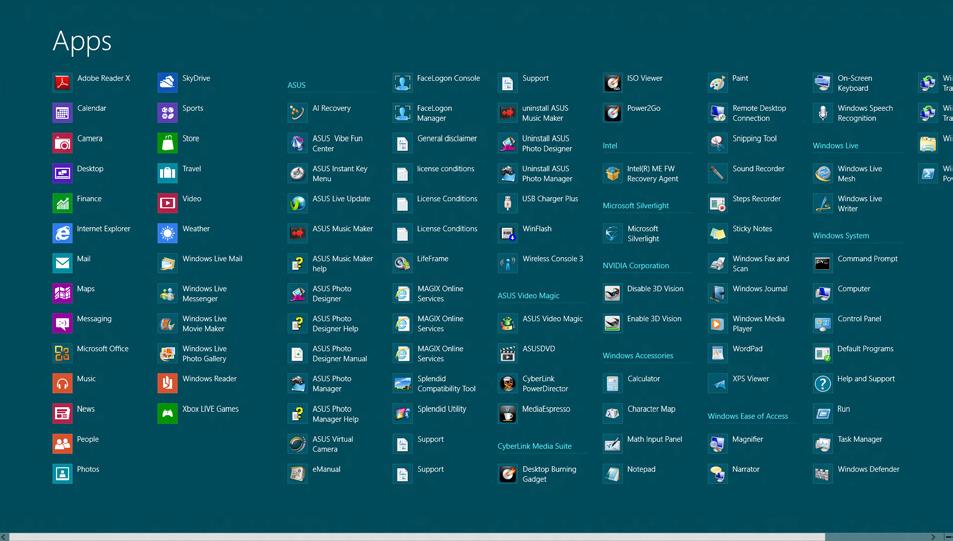 Vízszintes görgetősáv Az Alkalmazások képernyő megnyitása Indítsa el az Alkalmazások képernyőt a Notebook PC érintőpadjának vagy