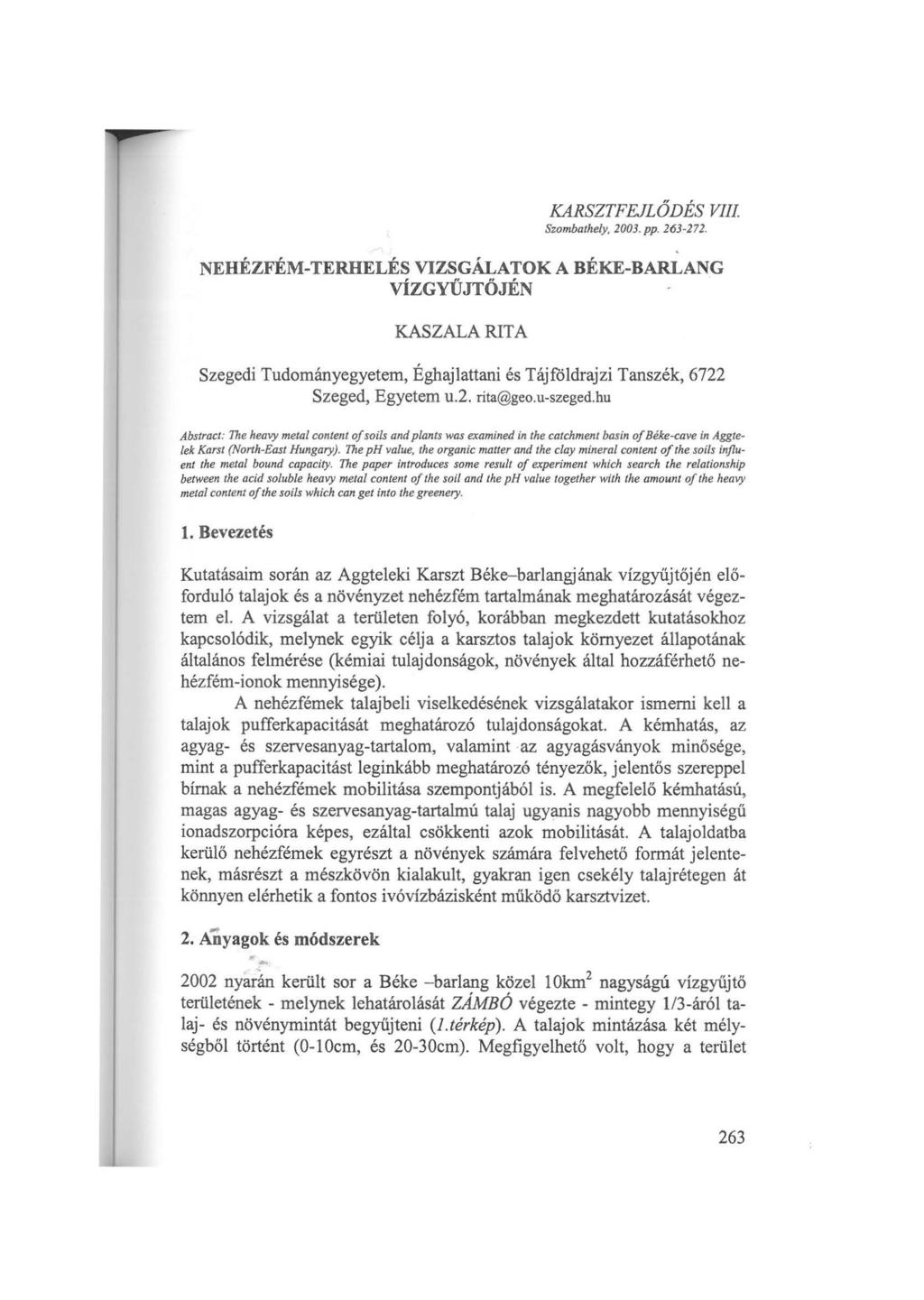 KARSZTFEJLŐDÉS VIII Szombathely, 2003. pp. 263-272.