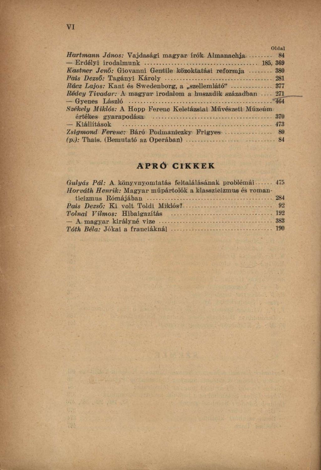 VI Hartmann János: Vajdasági magyar írók Almanachja 84 Erdélyi irodalmunk 185, 369 Kastner Jenő: Giovanni Gentile közoktatási reformja 380 Pais Dezső: Tagányi Károly 281 Rácz Lajos: Kant és