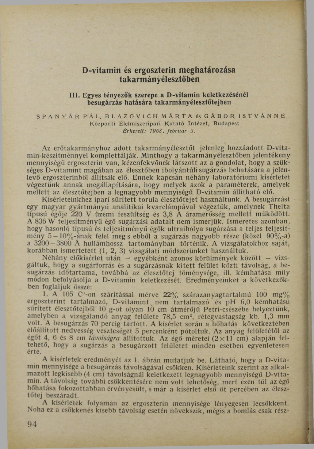 D-vitamin és ergoszterin meghatározása takarmányélesztőben III.