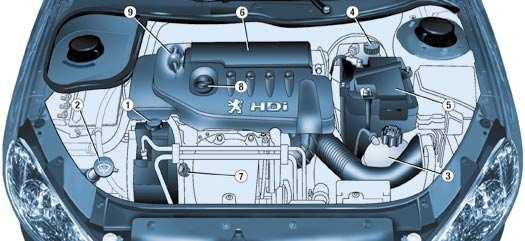 132 - Ellenőrzések 1,4 LITERES HDI TURBÓDÍZEL MOTOR (70 LE) 1. Kormányszervo-folyadék tartálya 2. Ablakmosó- és fényszórómosó folyadék tartálya* 3.