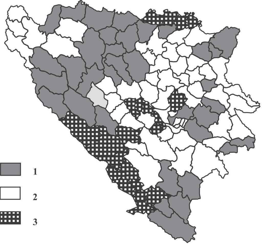 9 ábra Bosznia-Hercegovina etnikai viszonyai az 1991-népszámlálás alapján, opæinákra lebontva (szerk VÉGH A 2006) 1 = szerbek; 2 = bosnyákok; 3 = horvátok Forrás: UNHCR The ethnic structure of Bosnia