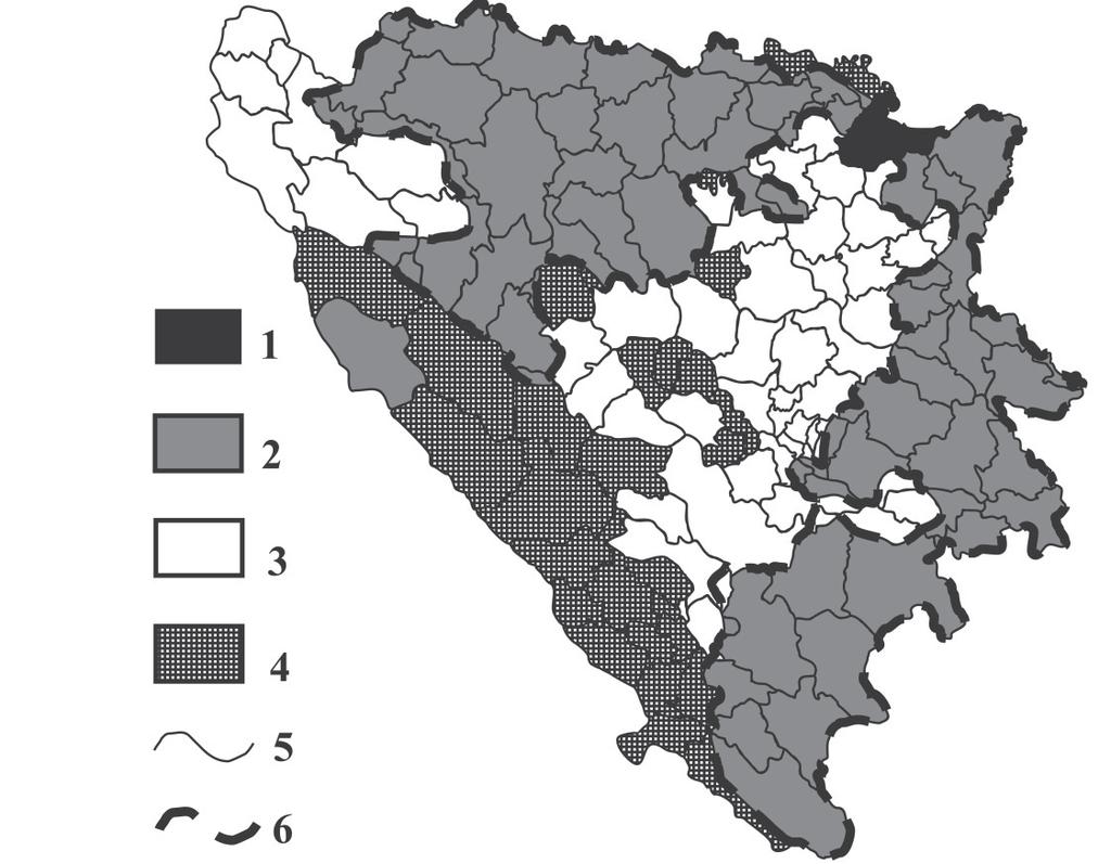 10 ábra Bosznia-Hercegovina etnikai térképe 2002-ben (szerk VÉGH A 2006) 1 = Brèkoi kerület; 2 = szerbek; 3 = bosnyákok; 4 = horvátok; 5 = opæinahatár; 6 = Boszniai Szerb Köztársaság határa Forrás: