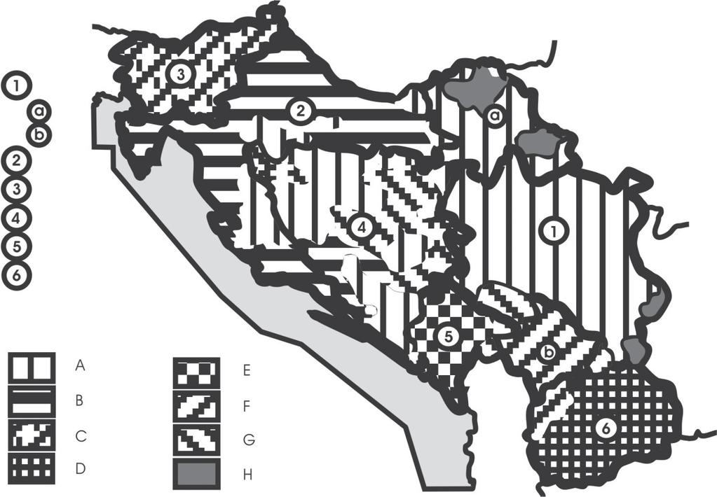 1 ábra Jugoszlávia nemzetei 1981-ben (vázlatos térkép) (szerk VÉGH A 2005) 1 = Szerbia: a = Vajdaság; b = Koszovó; 2 = Horvátország; 3 = Szlovénia; 4 = Bosznia-Hercegovina; 5 = Montenegró; 6 =