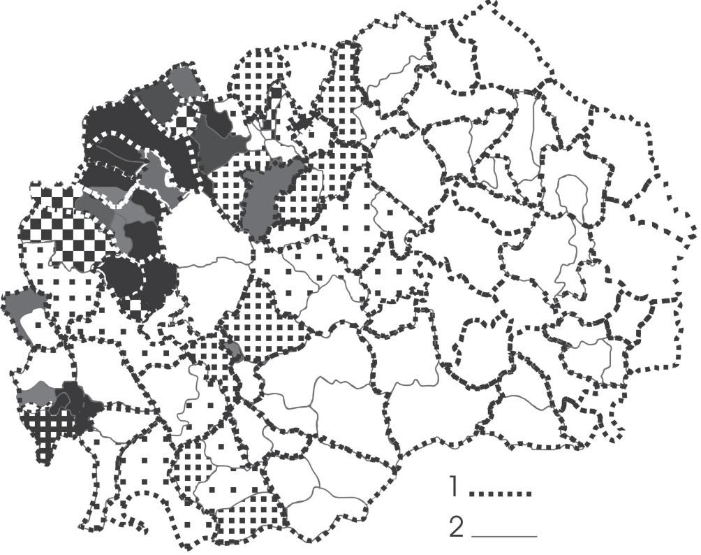 5 ábra Az albánok aránya és elhelyezkedése az új, valamint a régi közigazgatási, opæinai beosztás szerint (szerk VÉGH A 2006) 1 = új közigazgatási határ; 2 = régi közigazgatási határ Forrás: Državen