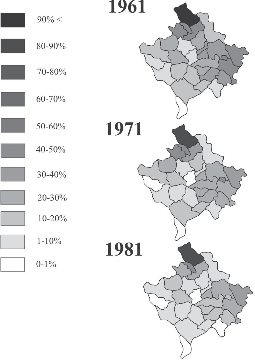 6 ábra A szerbek aránya Koszovóban opæinánként és népszámlálásonként 1961 és 1981 között (szerk VÉGH A 2005) Proportion of Serbs in Kosovo by opæines, according to censuses between 1961 and 1981