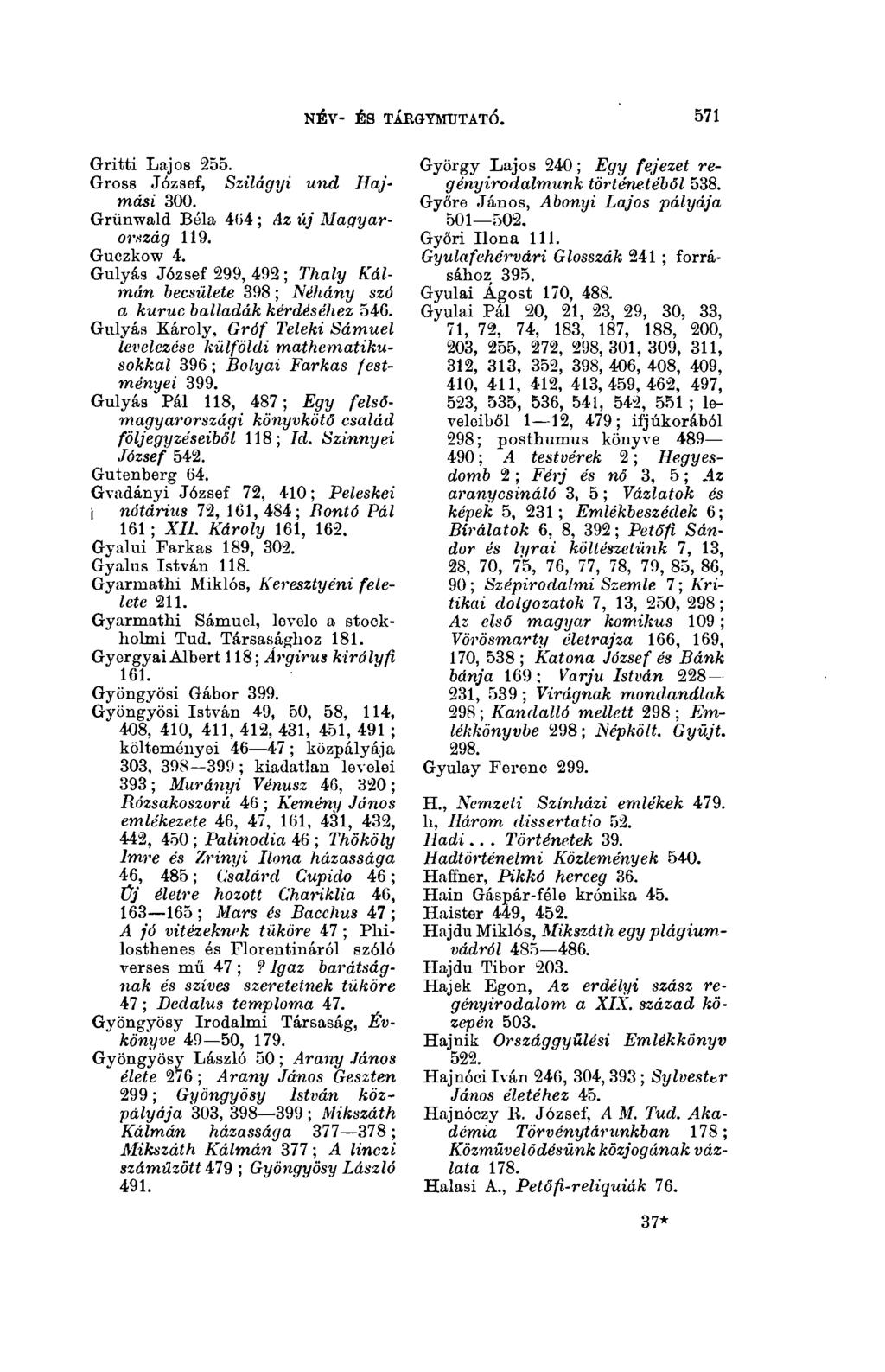 NÉV- ÉS TÁRGYMUTATÓ. 571 Gritti Lajos 255. Gross József, Szilágyi und Hajmási 300. Grünwald Béla 464 ; Az új Magyarország 119. Guczkow 4.