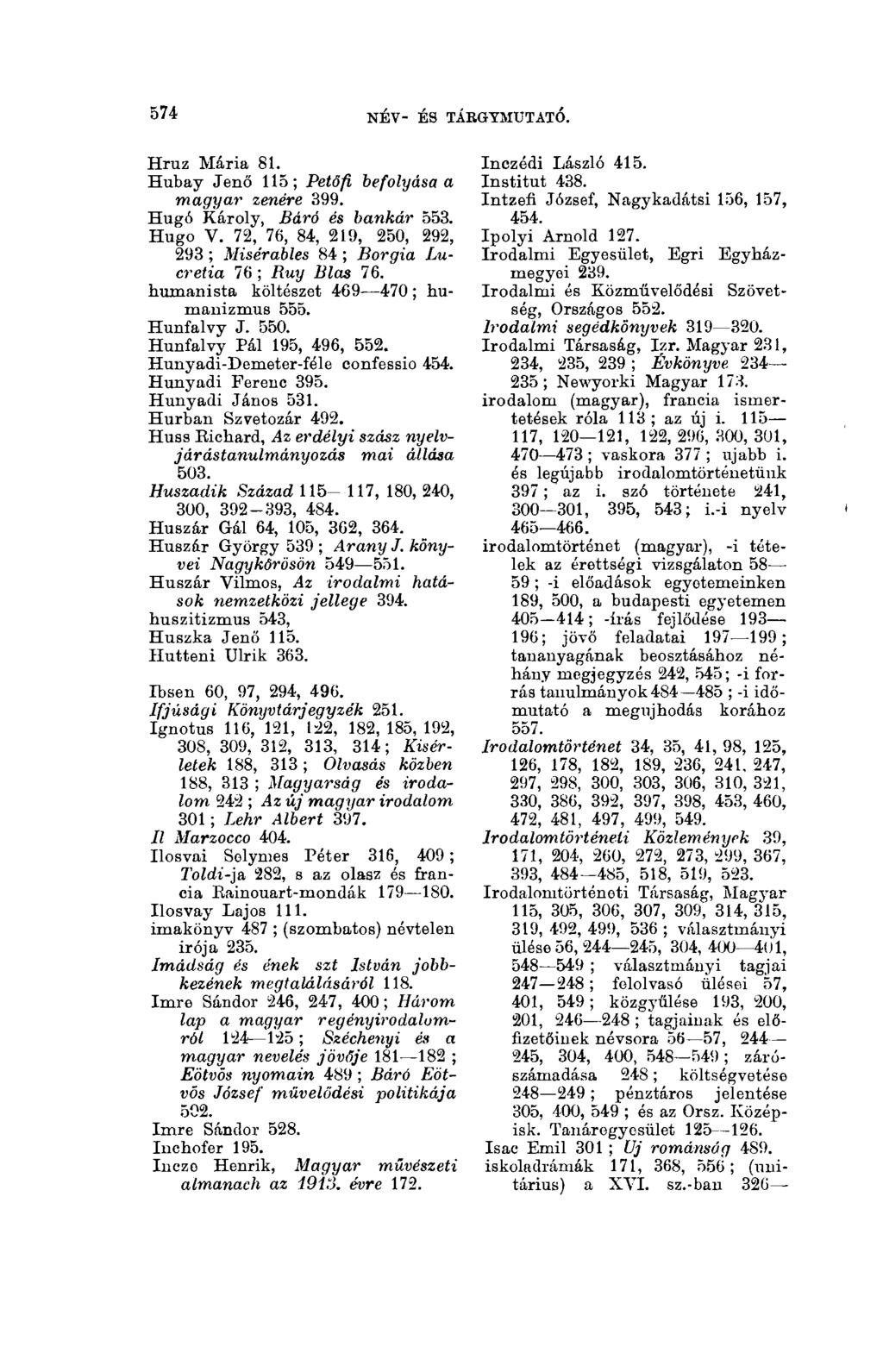 574 NÉV- ÉS TÁkGYMTJTATÓ. Hruz Mária 81. Hubay Jenő 115; Petőfi, befolyása a magyar zenére 399. Hugó Károly, Báró és bankár 553. Hugo Y.