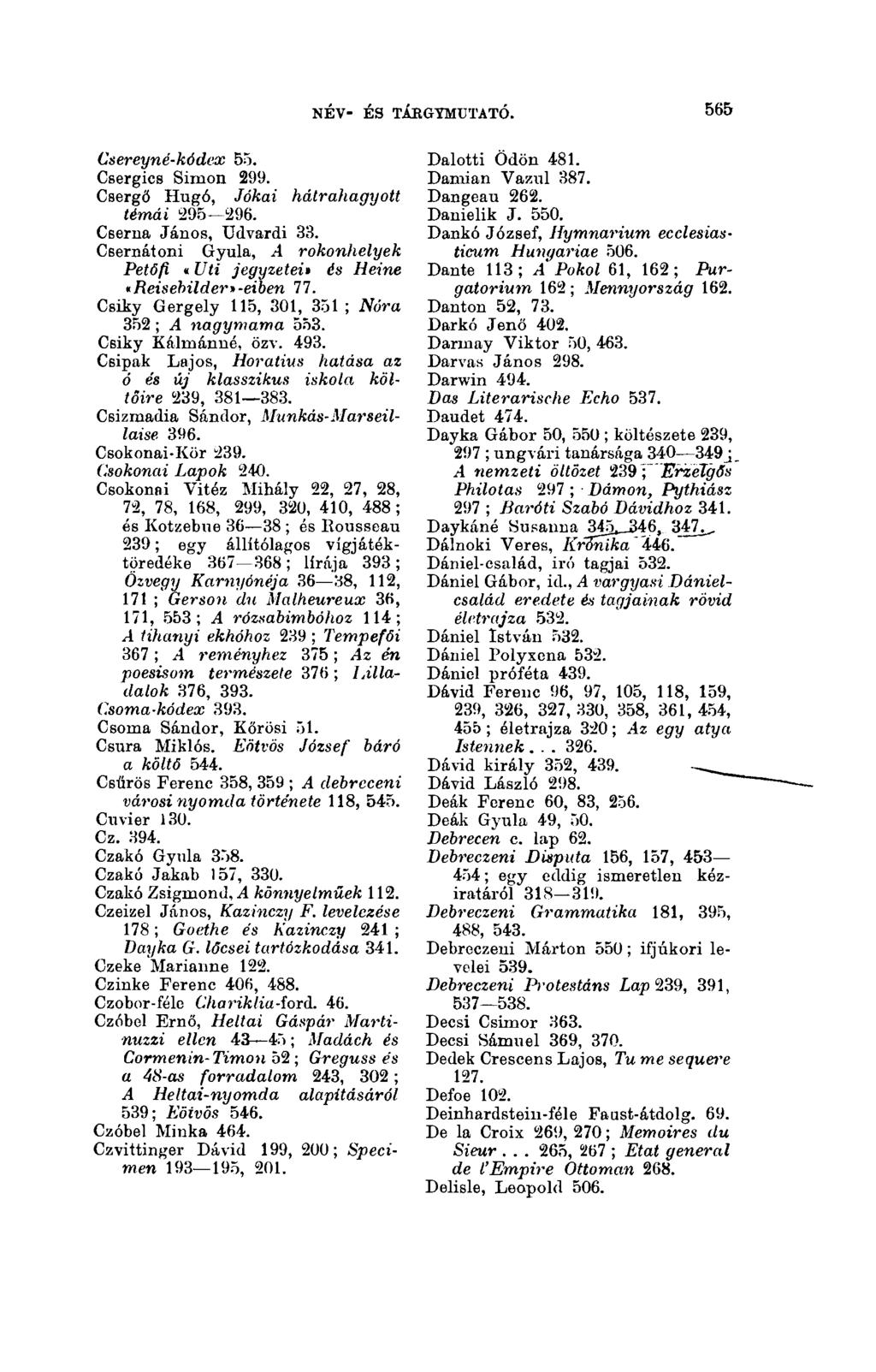 565 NÉV- ÉS TÁkGYMTJTATÓ. Csereyné-kódex 55. Csergics Simon 299. Csergő Hugó, Jókai hátrahagyott témái 295 296. Света János, Udvardi 33.