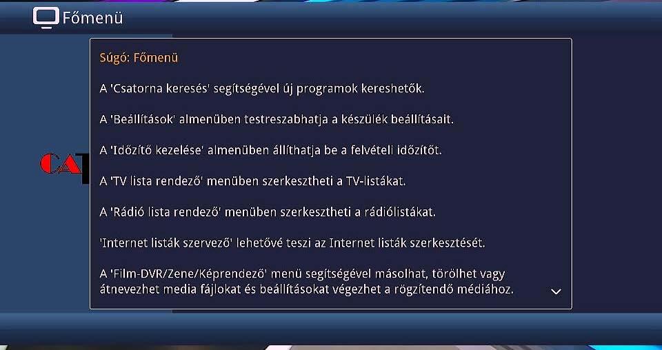 Csatorna beállítás Automatikus keresés Bővített keresés Kézi keresés Beállítások keresése Beállítások Gyerekzár Műsorfüzet Alapbeállítások Képbeállítások Hangbeállítások Hálózati beállítások