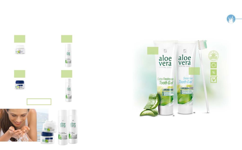 50 ALOE VERA ÁPOLÁS 51 A szép bőr alapfeltétele: Alapos, kíméletes tisztítás és tökéletes ápolás Védi a fogínyt, friss leheletet ad 50 % aloe vera Aloe vera nappali krém Illatos, finom állagú,