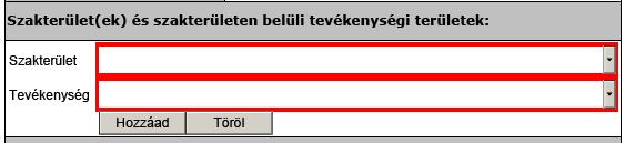 területeket kell megjelölni, melyben/melyekben dolgozni szeretne a szaktanácsadó. A HOZZÁAD gombbal lehet felvenni a következő szakterületet és tevékenységet és így folyatni a kitöltést.