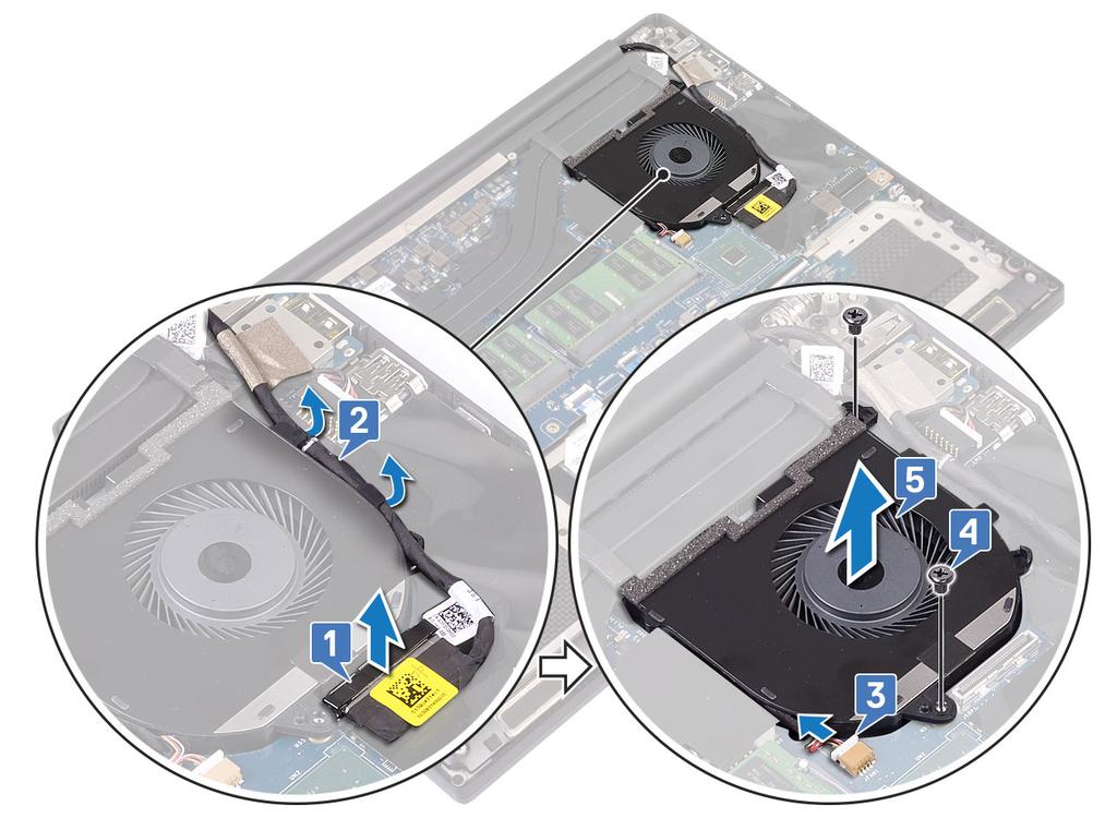 A ventilátorok beszerelése 1 A rendszerventilátor beszereléséhez végezze el az alábbi lépéseket: a Igazítsa a bal oldali ventilátor csavarhelyeit a csuklótámasz szerkezet csavarhelyeihez.