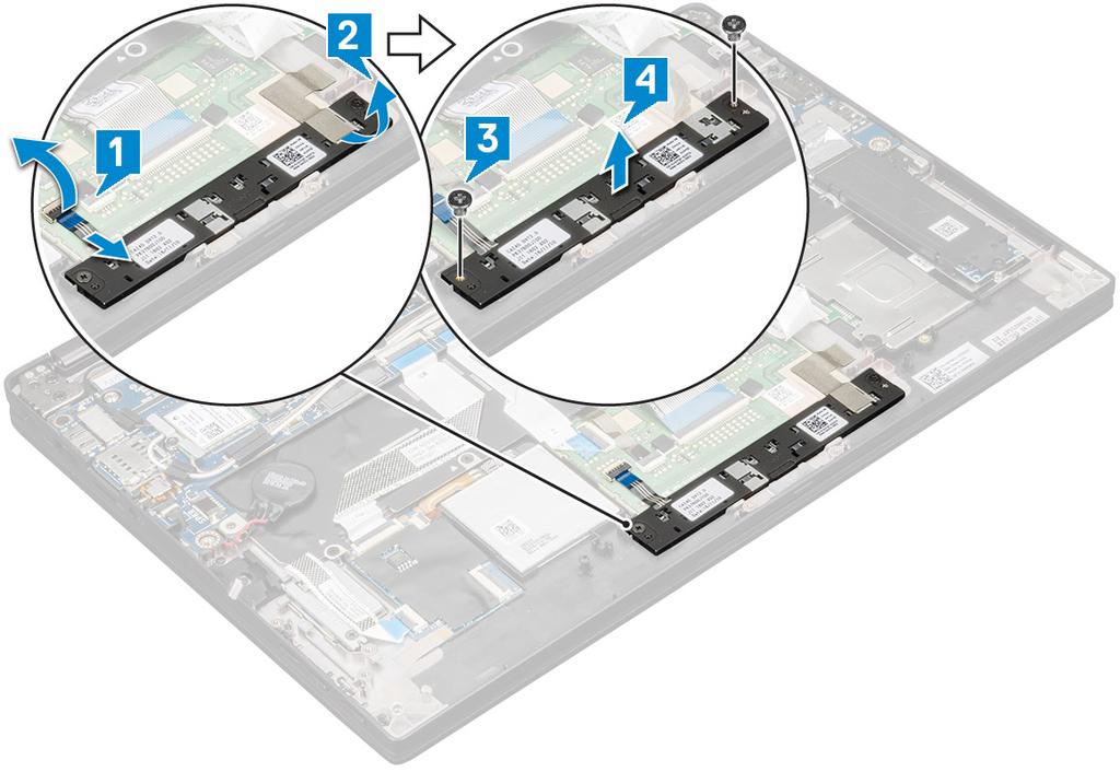 Az érintőpanel beszerelése 1 Helyezze az érintőpanel gombjait a foglalatba. 2 Hajtsa be a 2 (M2xL3) csavart, amely az érintőpanel gombjait rögzíti. 3 Dugja be az érintőpanel kábelét.