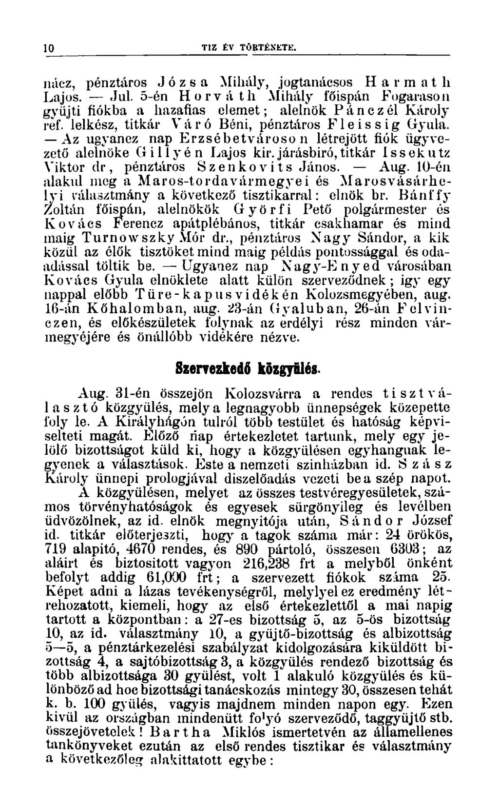10 TIZ ÉV TÖRTÉNETE. miez, pénztáros J ó z s a Mihály, jogtanácsos Harraath Lajos. Jul. 5-én Horvá th Mihály főispán Fogarason gyűjti fiókba a hazafias elemet; alelnök Pánczél Károly ref.