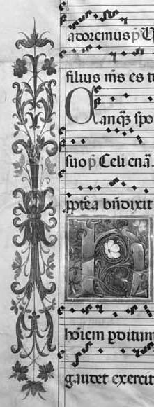 a) b) c) 1. ábra. A budai miniátorműhely reneszánsz széldíszei: a) Budai antifonále, H(odie)-iniciálé mellett (fol.