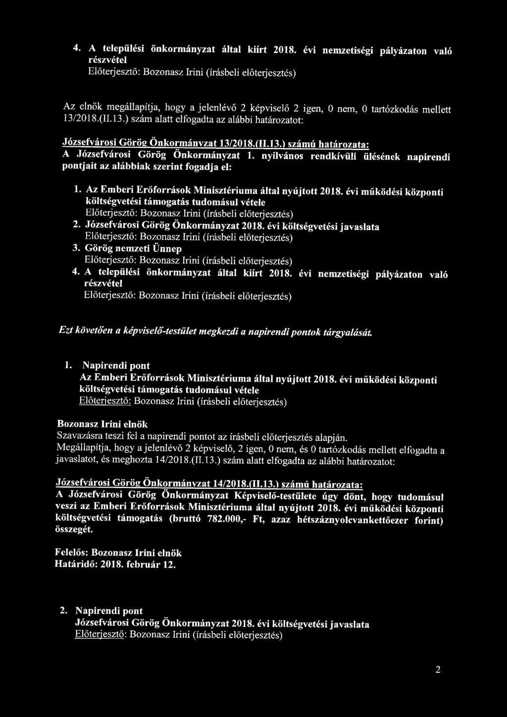 4. A települési önkormányzat által kiírt 2018. évi nemzetiségi pályázaton való részvétel Az elnök megállapítja, hogy a jelenlévő 2 képviselő 2 igen, 0 nem, 0 tartózkodás mellett 13/