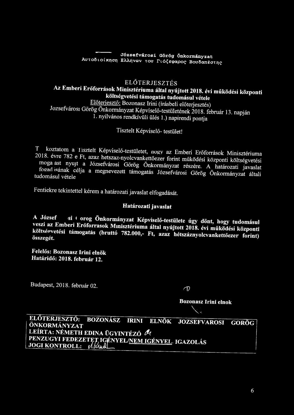 Józsefvárosi Görög Önkormányzat AUTOÖIOÍKDCTH EAArjvíav TOU rió?e<papog BouöccnéoTiK ELŐTERJESZTÉS Az Emberi Erőforrások Minisztériuma által nyújtott 2018.