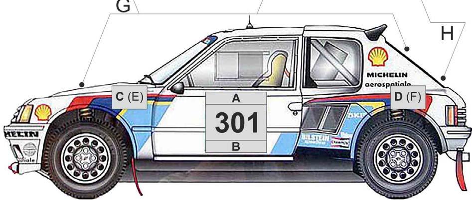 Motorháztető és hátsó szélvédő H: Verseny web címe Hátsó szélvédő alsó széle, középen, jól láthatóan CEZ + OB Historic + előfutók A: Rendezői rajtszám reklámpanel rajtszám