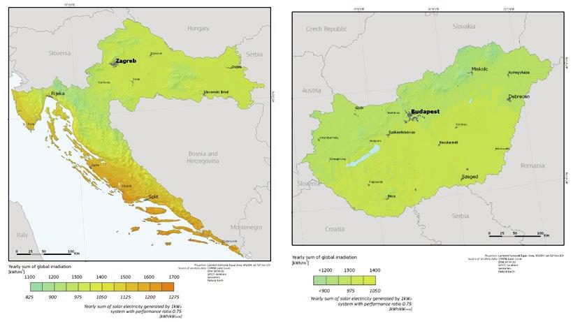 5.1. Ábra: Éves napenergia-besugárzás Horvátországban és Magyarországon Forrás: PVGIS, 2018. 5.3.