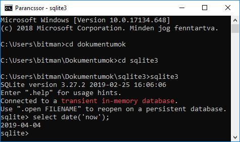 SQLite Kipróbálás: Indítsuk el a Parancssort Lépjünk át az adatbázis könyvtárába.