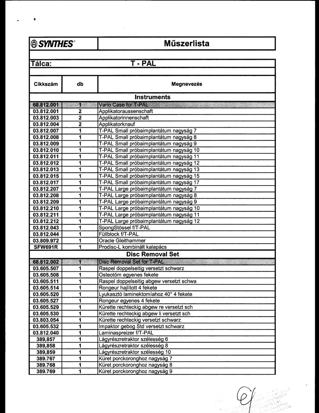 @$v?rn#s- Mfiszerlista T6lca: T. PAL Gikksz6m db Megnevez6s lnstruments 03.812.001 2 Appl i katoraussenschaft 03.812.003 2 Aool i katorin nenschaft 03.812.004 2 Applikatorknauf 03.812.007 1 I-PAL Small pr6baimplant6tum naovs6o 7 03.