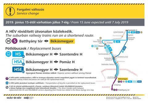 PÓTLÓBUSZOK JÁRNAK A H5-ÖS HÉV HELYETT BÉKÁSMEGYER ÉS SZENTENDRE KÖZÖTT JÚNIUS 15- ÉTŐL JÚLIUS 7-ÉIG Pályafelújítás miatt 2019.