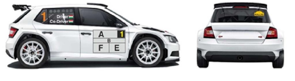 RALLYE1, ORC, Rallye2: A: Rendezői rajtszám reklámpanel (17x67cm): később kerül megadásra B / BAL: MNASZ/RSB rajtszámcsík (10x67cm): Hankook B /