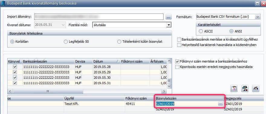 Ha az terhelés/jóváírás egyszerre több számlához is kapcsolódik, úgy lehetőség van a bankszámlakivonat importerben több számla egyidejű