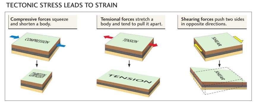 A kőzetek irányított erő hatására deformáltak, ami a lemeztektonikának tulajdonítható. A deformáció feszültség formájában van jelen: = F/A Feszültség lehet egyenletes (változatlan, pl.