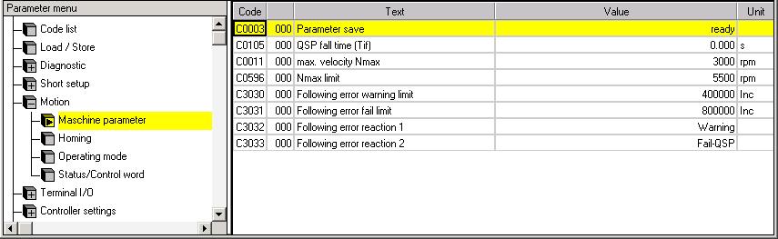 6 Commissioning Entry of machine parameters 6.9 Entry of machine parameters The GDC parameter menu includes the codes for machine parameters (e.g. deceleration time for quick stop or maximum speeds) under Motion Machine parameter.