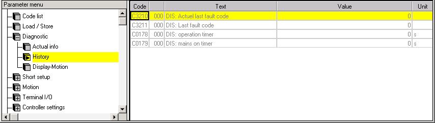 The table which appears then shows the current motor data, operating times, fault messages, etc. Fig.